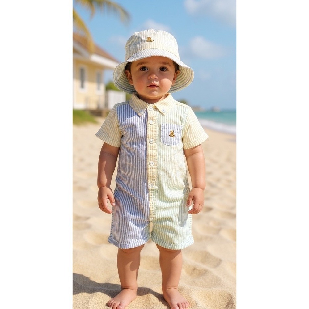 Baby Gap Romper 6-12 Multi-Colored Striped Cotton Shortall Brannan Bear With Hat